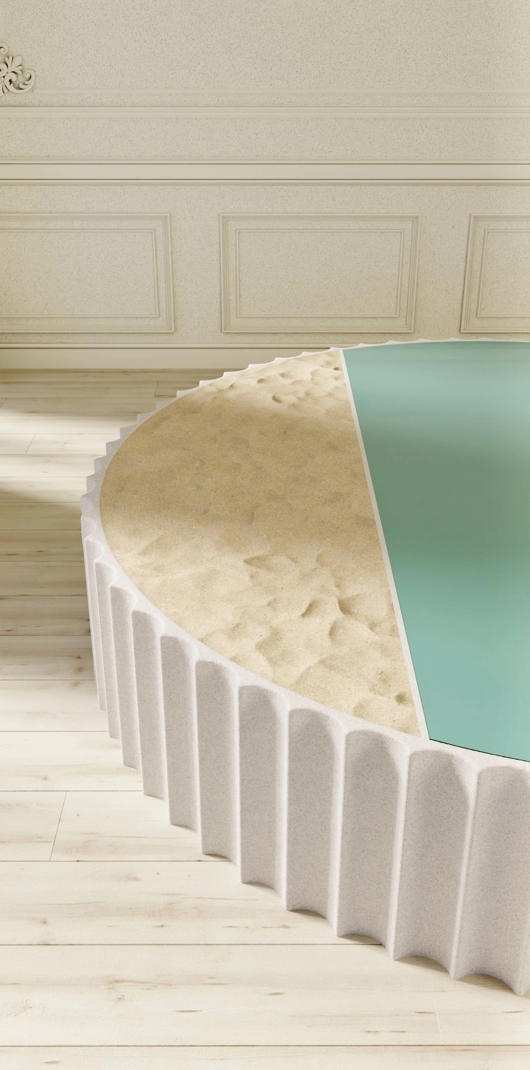 The Immensity of the Sea, coffee table, concrete, coloured glass, fine sand, D 200 x H 40 cm
